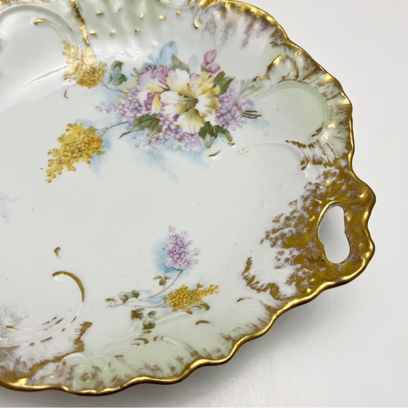 Vintage CT Carl Tielsch Germany Purple Yellow Floral Gilt Porcelain Shallow Bowl - Picture 7 of 15